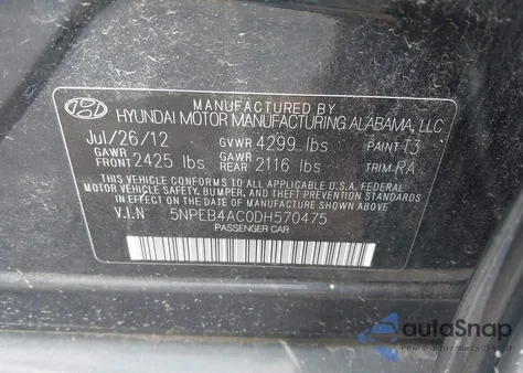 2013 Hyundai Sonata Gls z USA, uszkodzony, nr VIN 5NPEB4AC0DH570475